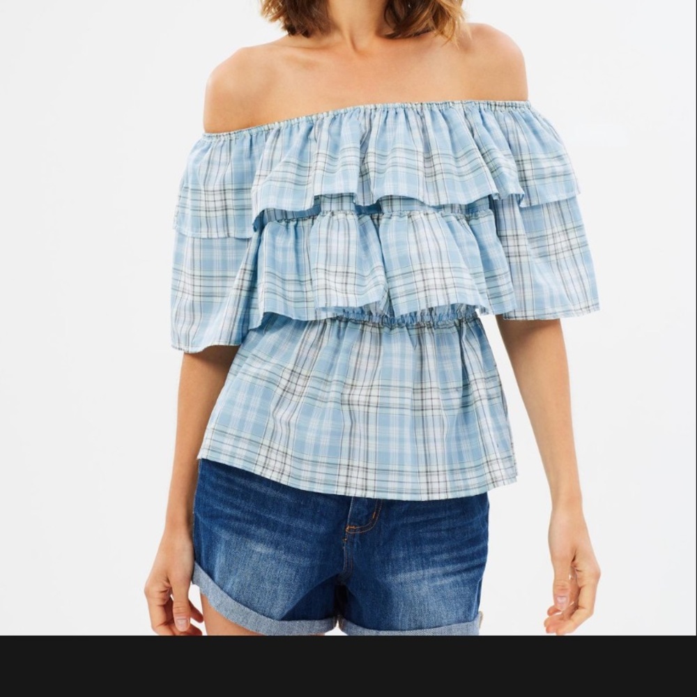 Blue Plaid Off Shoulder Top